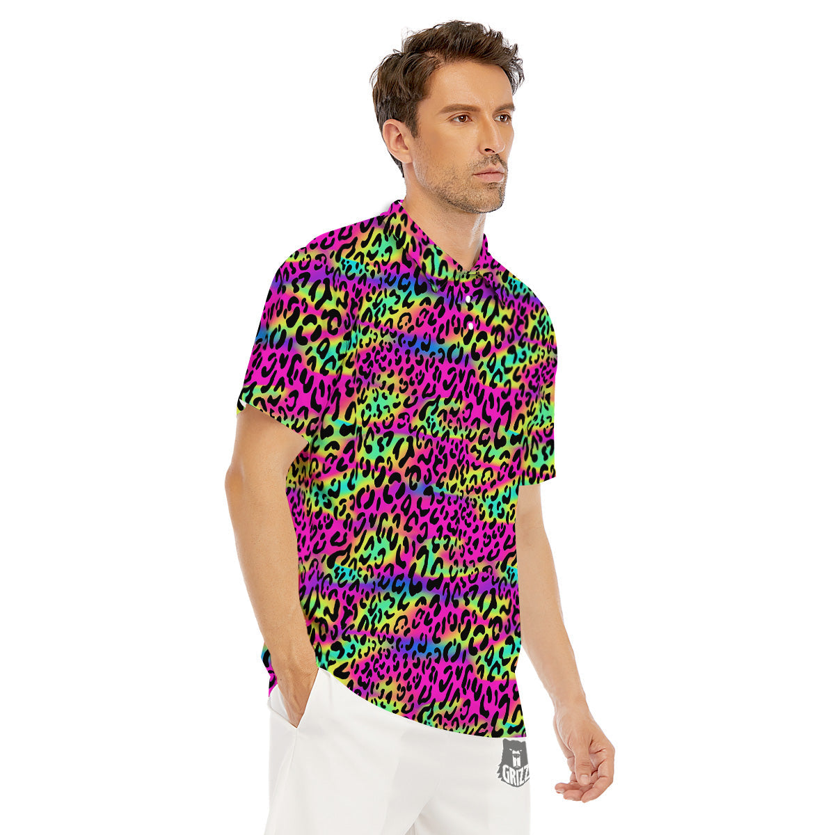 Exotic Neon Leopard Print Pattern Men's Golf Shirts-grizzshop