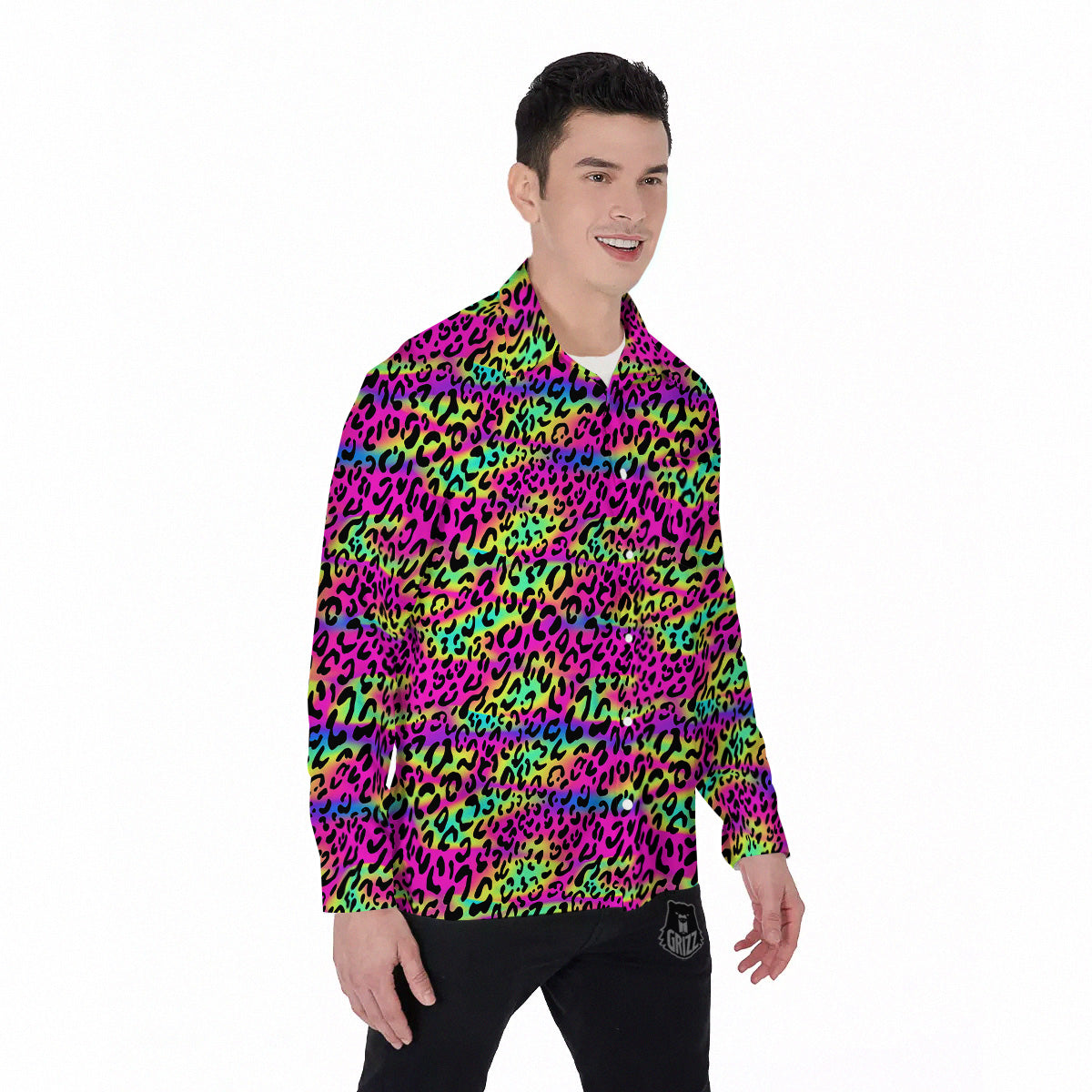 Exotic Neon Leopard Print Pattern Men's Long Sleeve Shirts-grizzshop