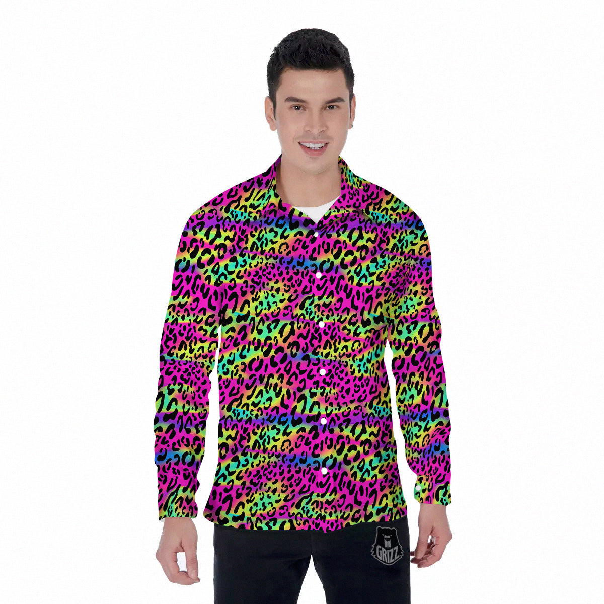 Exotic Neon Leopard Print Pattern Men's Long Sleeve Shirts-grizzshop