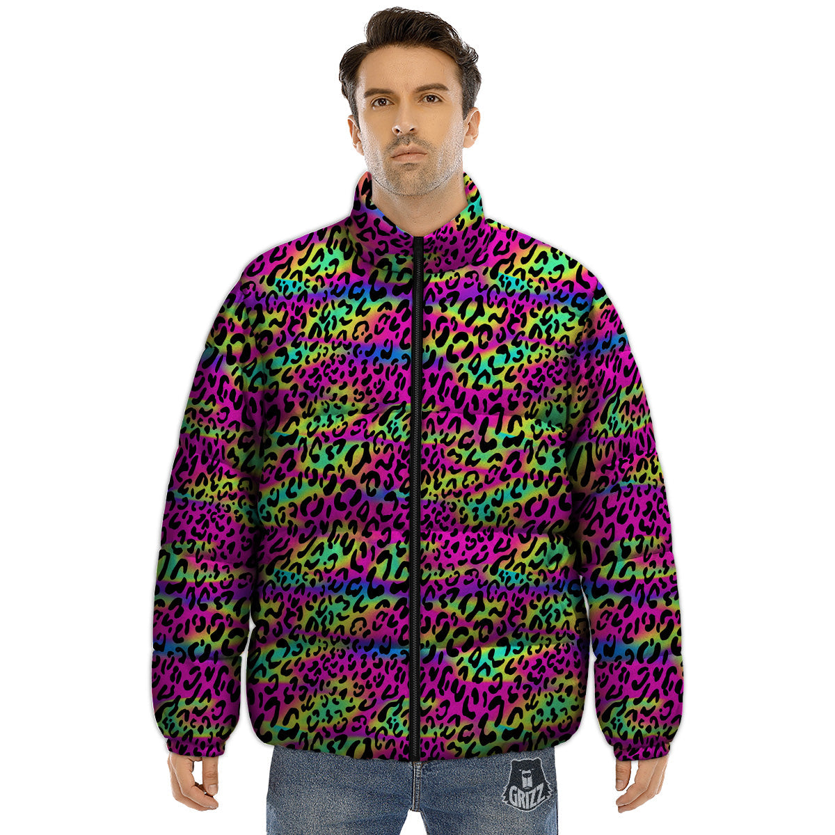 Exotic Neon Leopard Print Pattern Puffer Jacket-grizzshop
