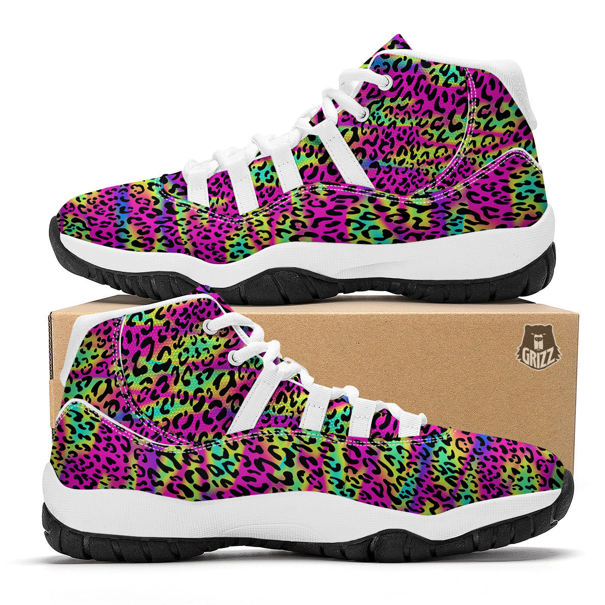 Exotic Neon Leopard Print Pattern White Bball Shoes-grizzshop