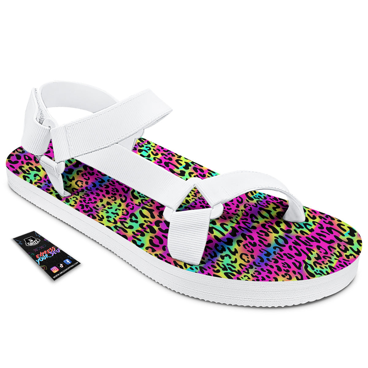 Exotic Neon Leopard Print Pattern White Open Toe Sandals-grizzshop
