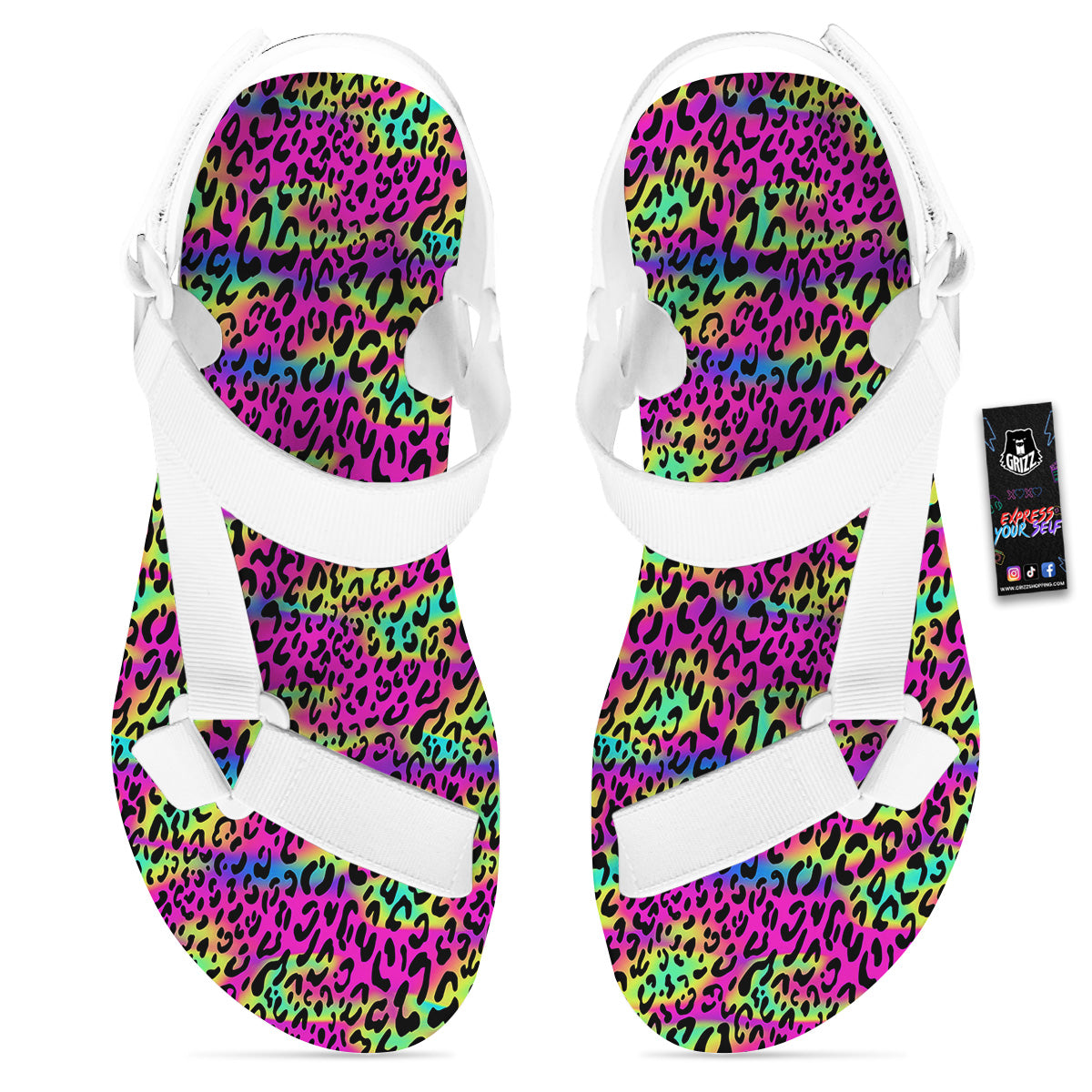 Exotic Neon Leopard Print Pattern White Open Toe Sandals-grizzshop
