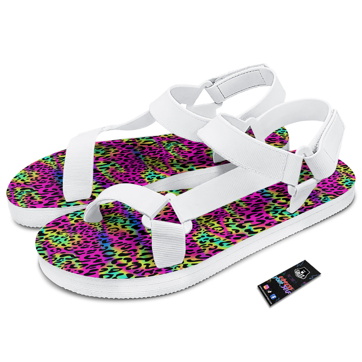 Exotic Neon Leopard Print Pattern White Open Toe Sandals-grizzshop