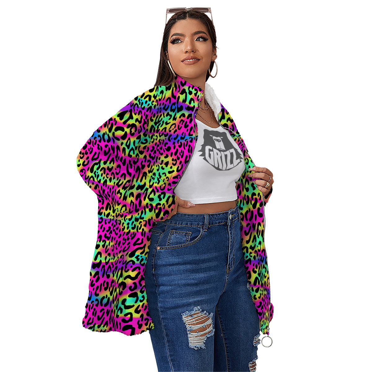 Exotic Neon Leopard Print Pattern Women's Sherpa Jacket-grizzshop