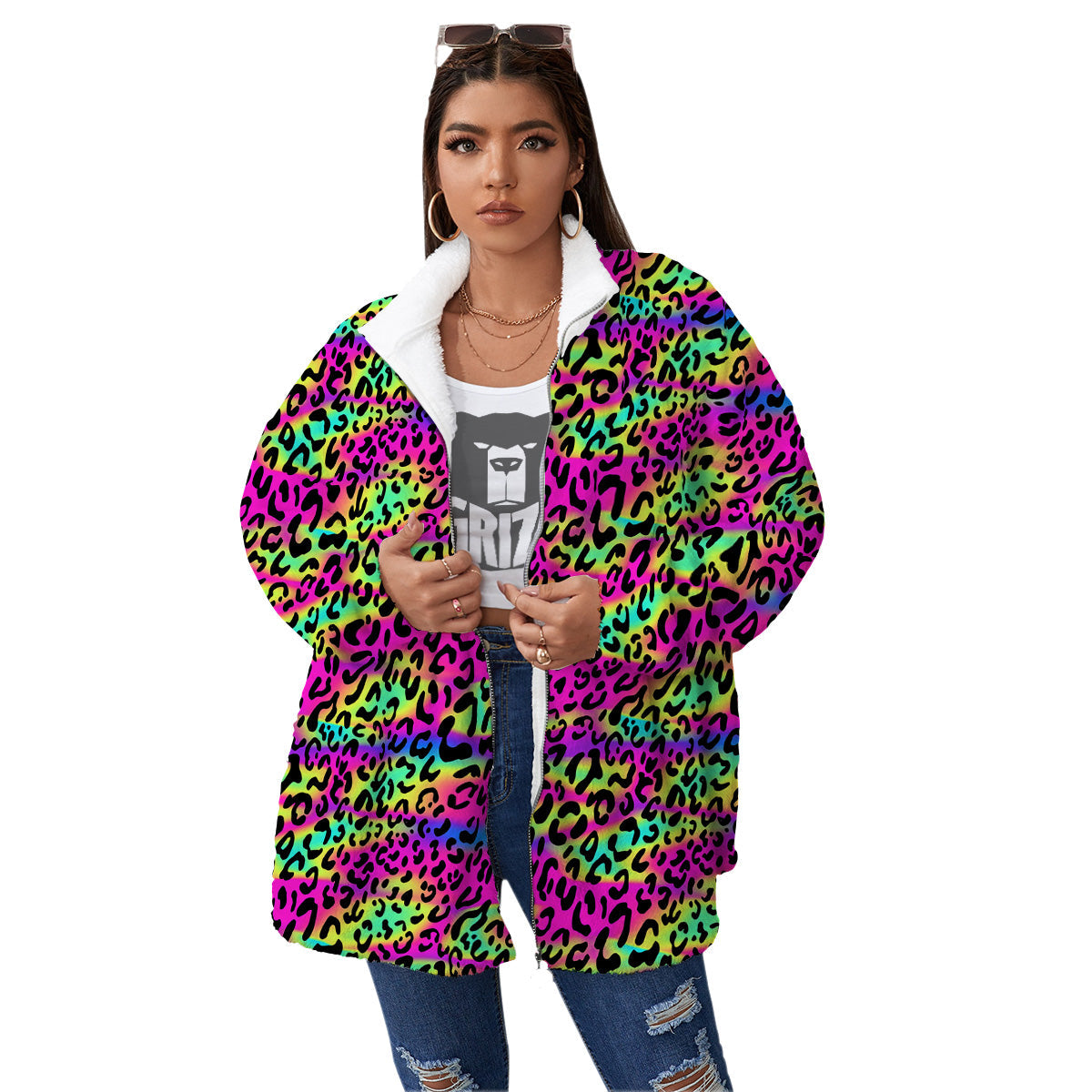 Exotic Neon Leopard Print Pattern Women's Sherpa Jacket-grizzshop