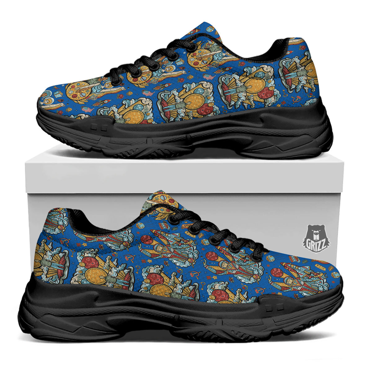 Exploration Of Mars Planet Print Pattern Black Chunky Shoes-grizzshop
