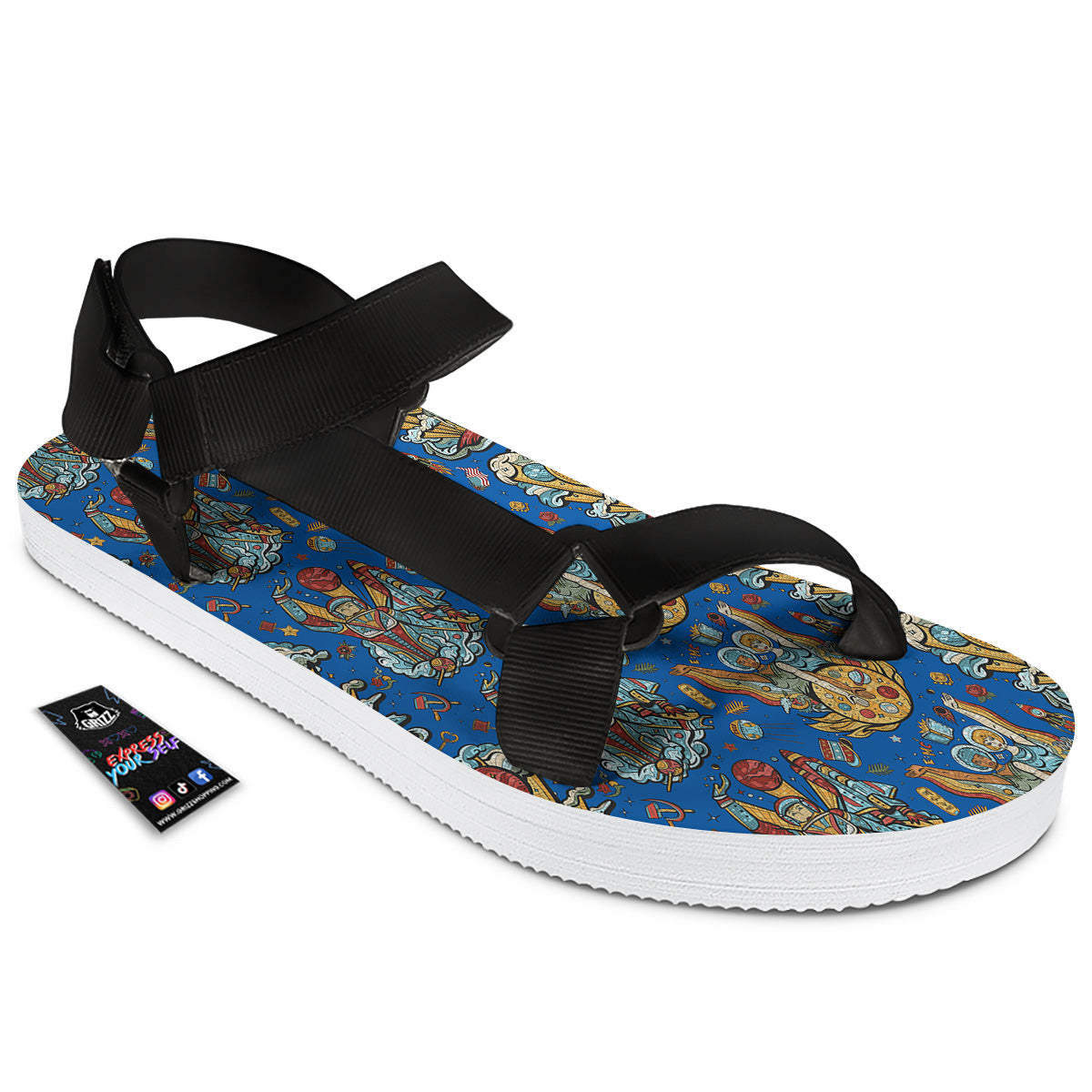 Exploration Of Mars Planet Print Pattern Black Open Toe Sandals-grizzshop