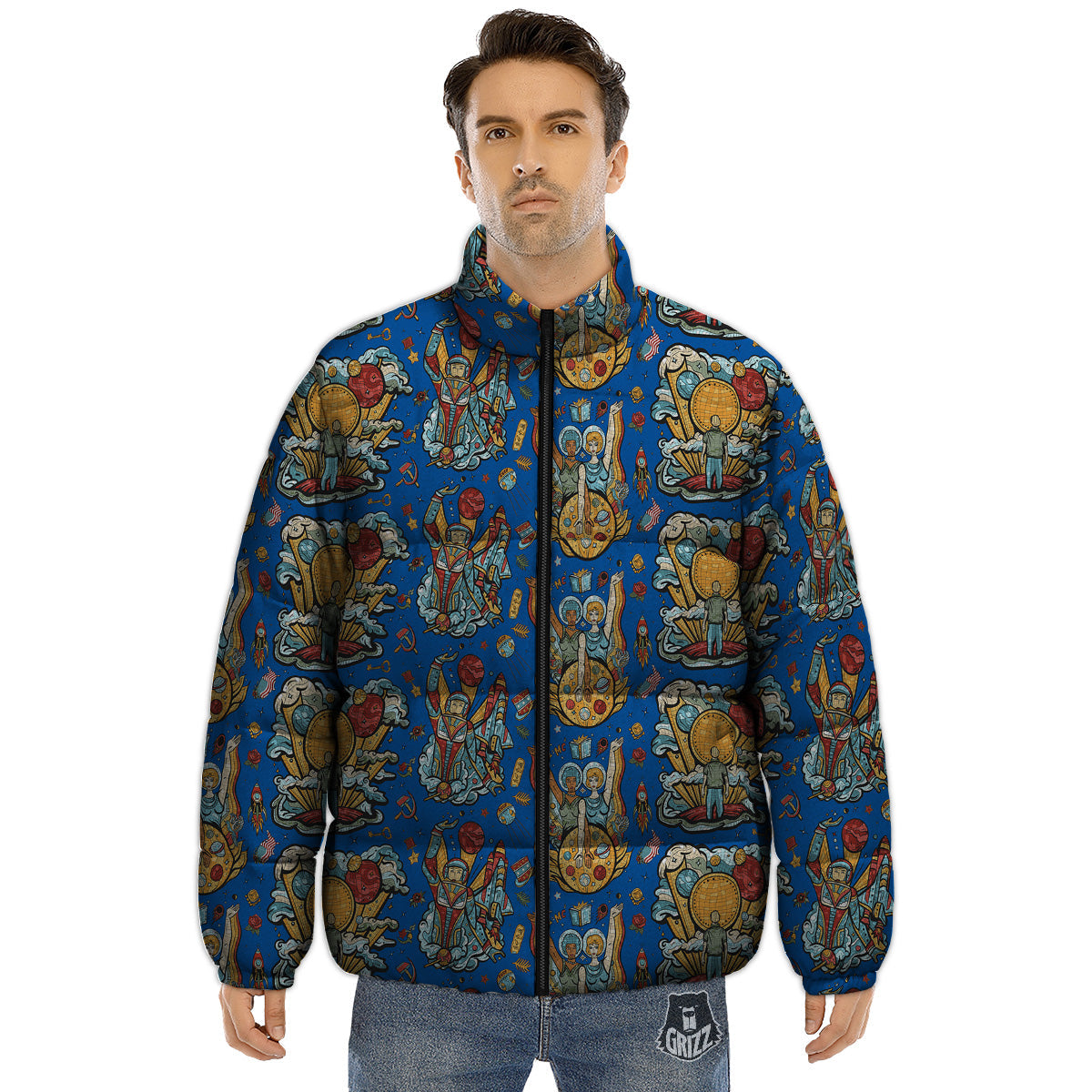 Exploration Of Mars Planet Print Pattern Puffer Jacket-grizzshop