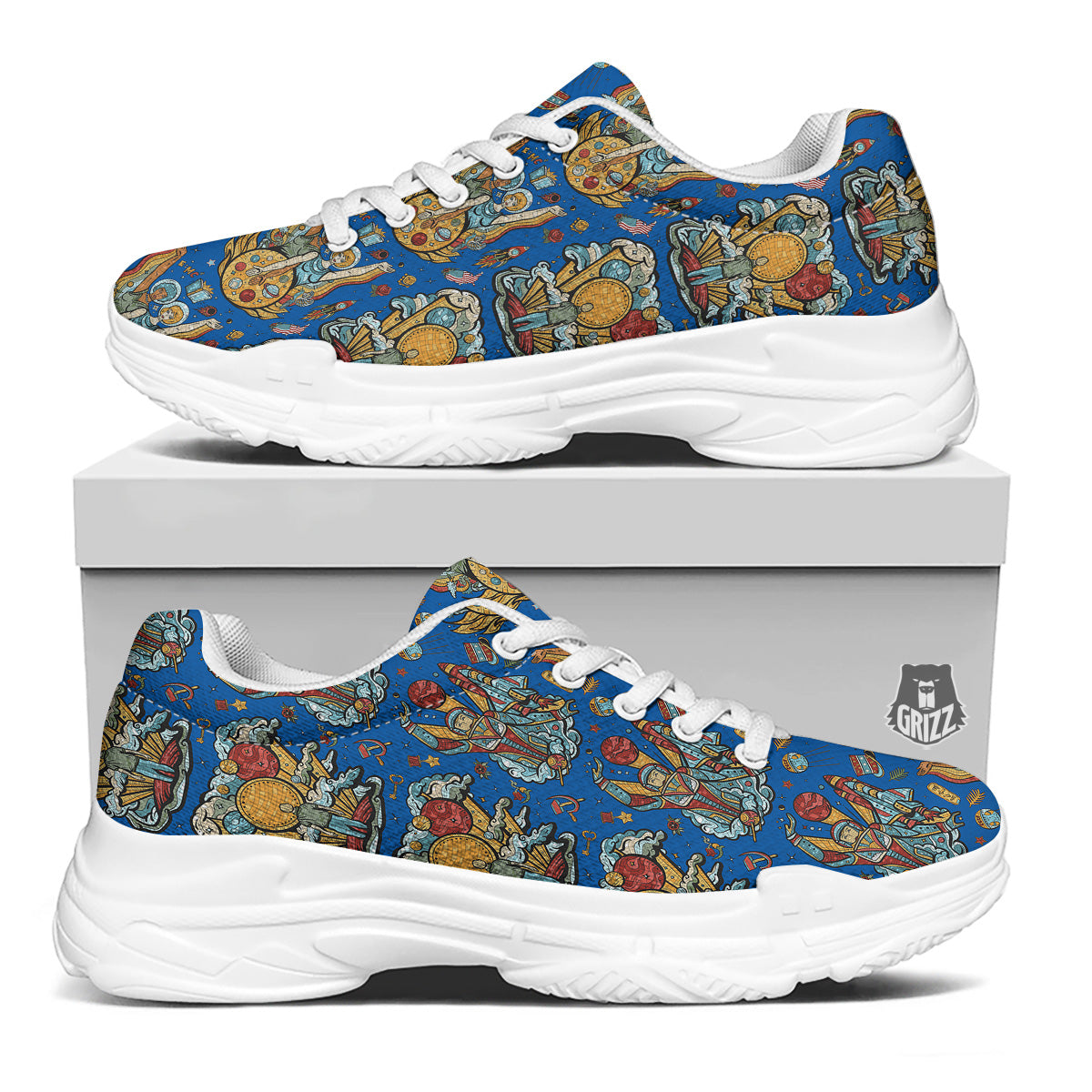 Exploration Of Mars Planet Print Pattern White Chunky Shoes-grizzshop