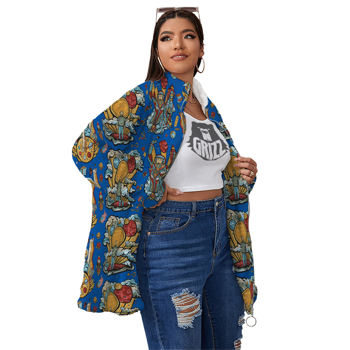 Exploration Of Mars Planet Print Pattern Women's Sherpa Jacket-grizzshop