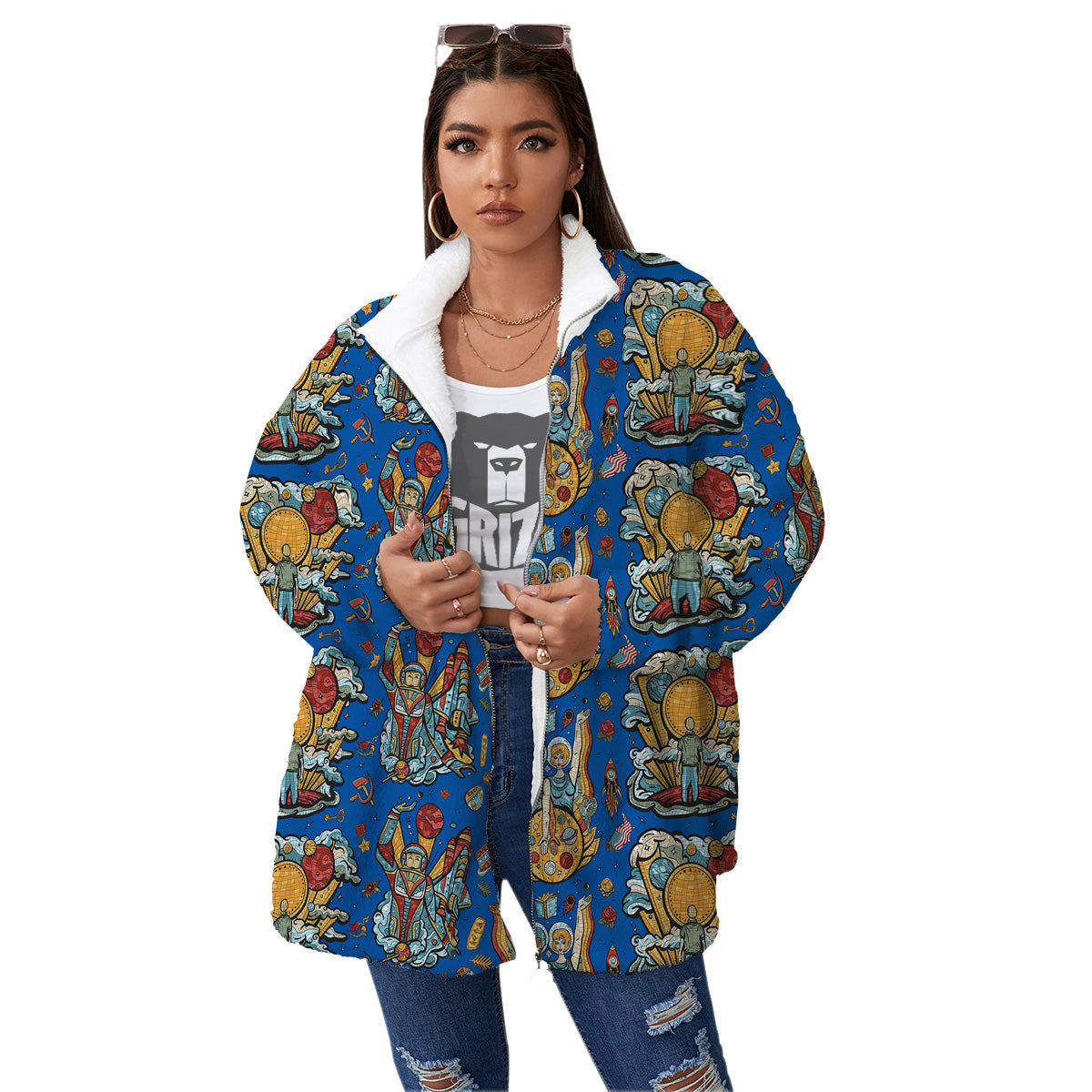 Exploration Of Mars Planet Print Pattern Women's Sherpa Jacket-grizzshop