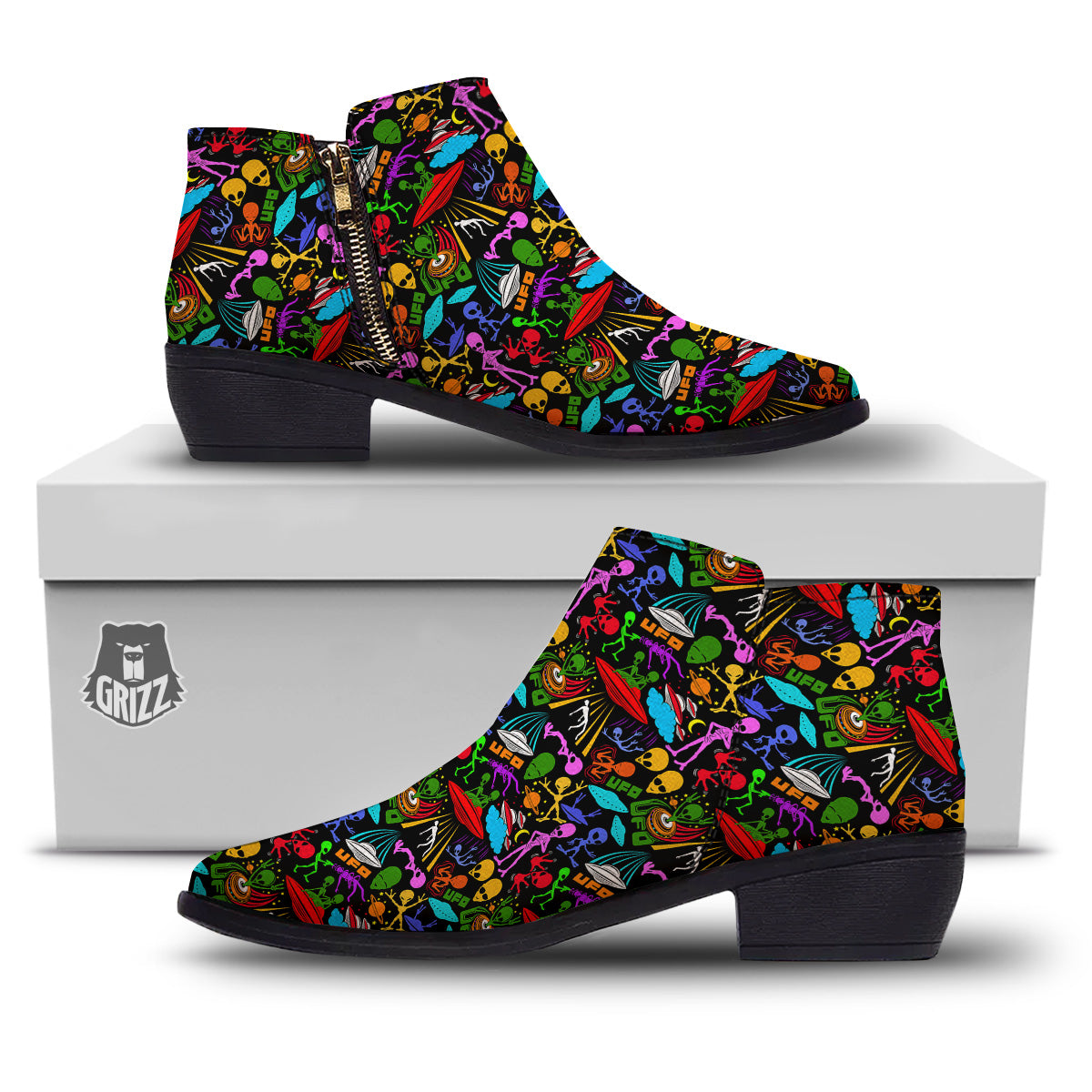 Extraterrestrial Aliens Colorful Print Pattern Ankle Boots-grizzshop