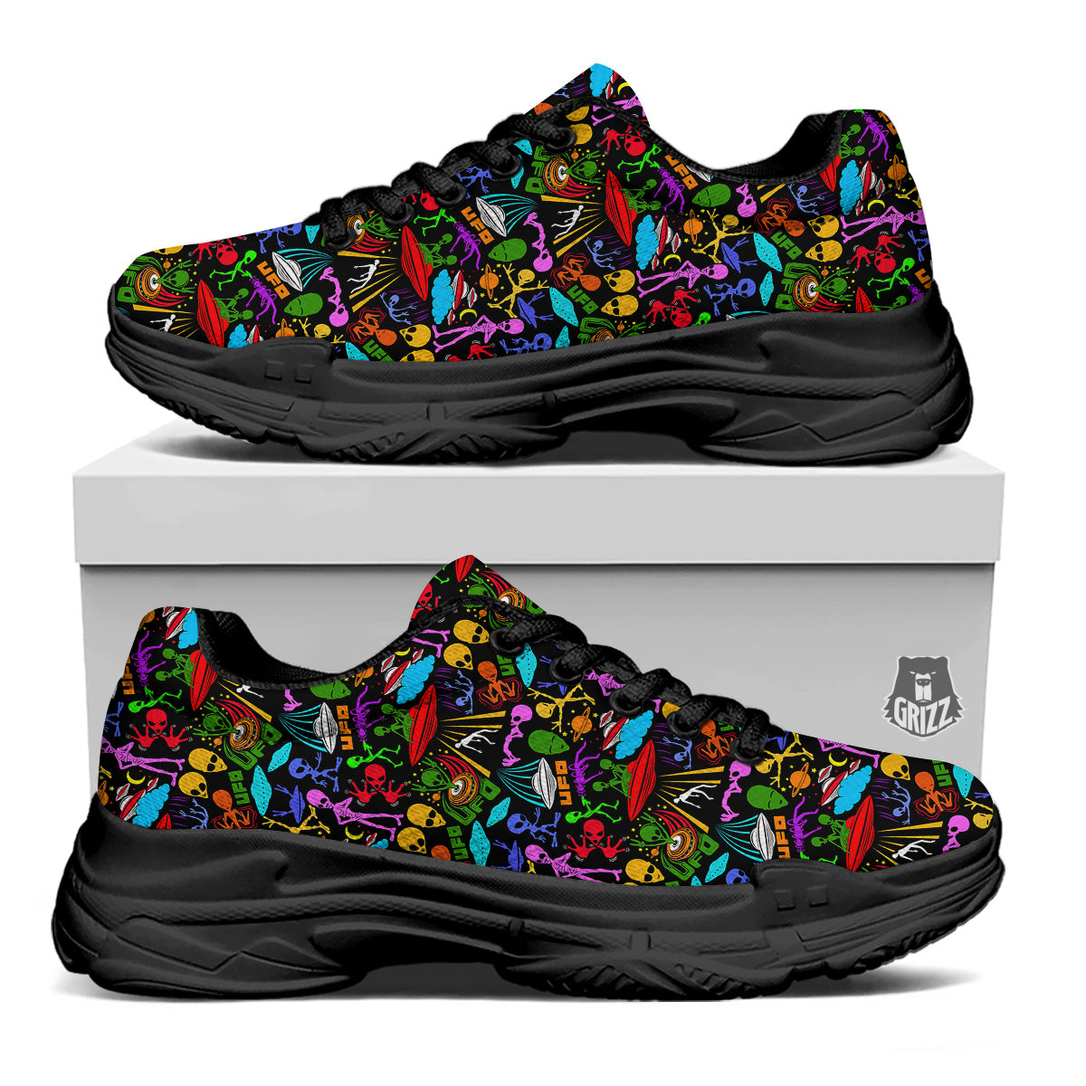 Extraterrestrial Aliens Colorful Print Pattern Black Chunky Shoes-grizzshop