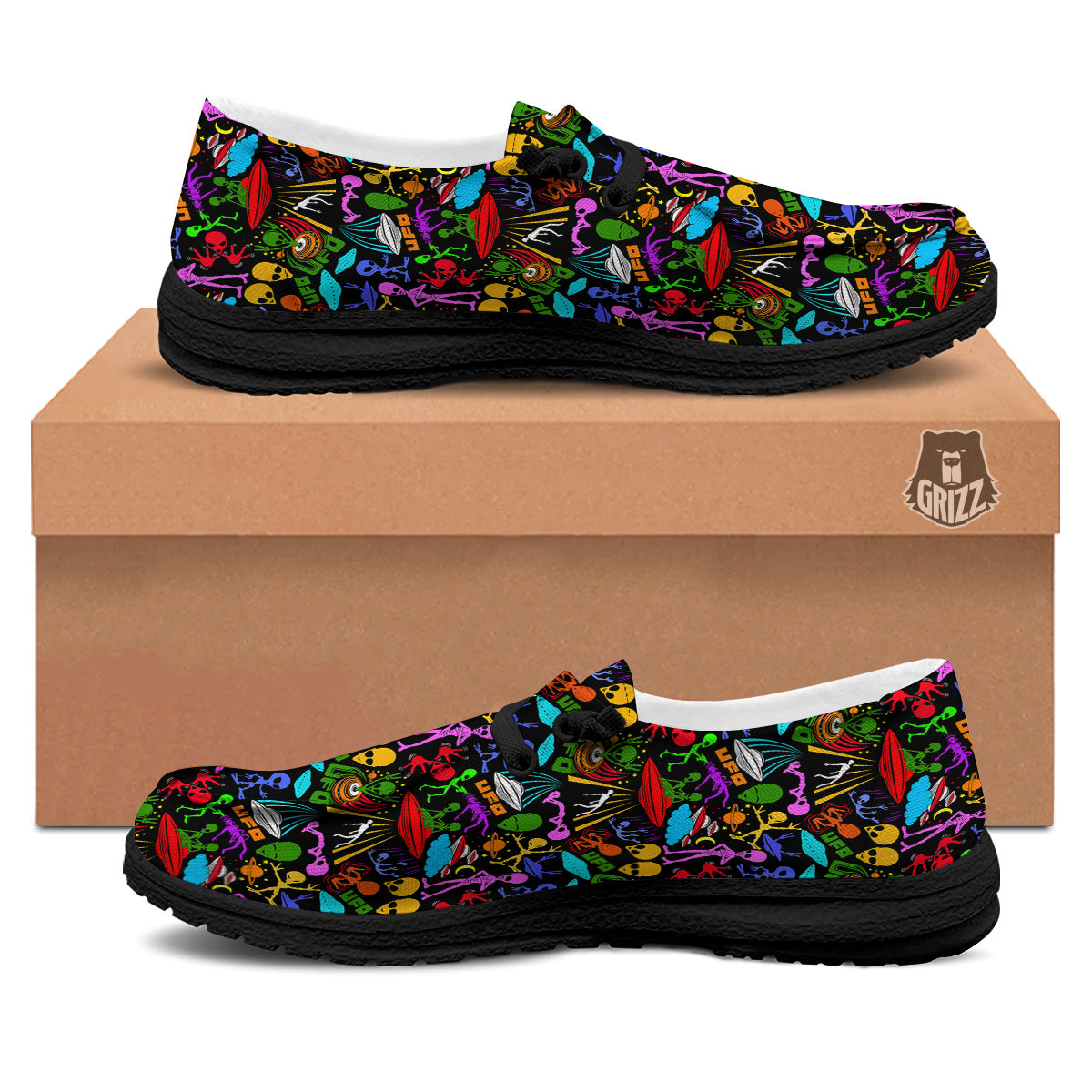 Extraterrestrial Aliens Colorful Print Pattern Black Loafers-grizzshop
