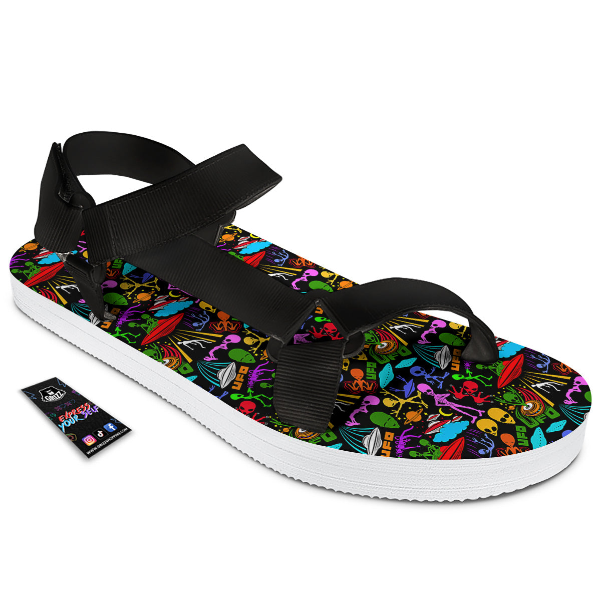 Extraterrestrial Aliens Colorful Print Pattern Black Open Toe Sandals-grizzshop