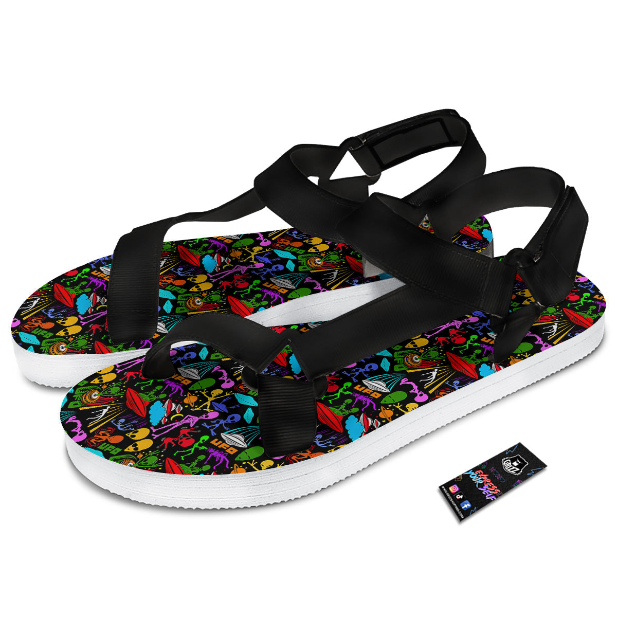 Extraterrestrial Aliens Colorful Print Pattern Black Open Toe Sandals-grizzshop