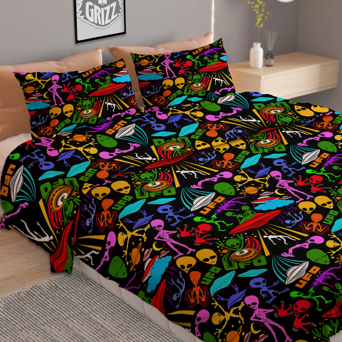Extraterrestrial Aliens Colorful Print Pattern Duvet Cover Bedding Set