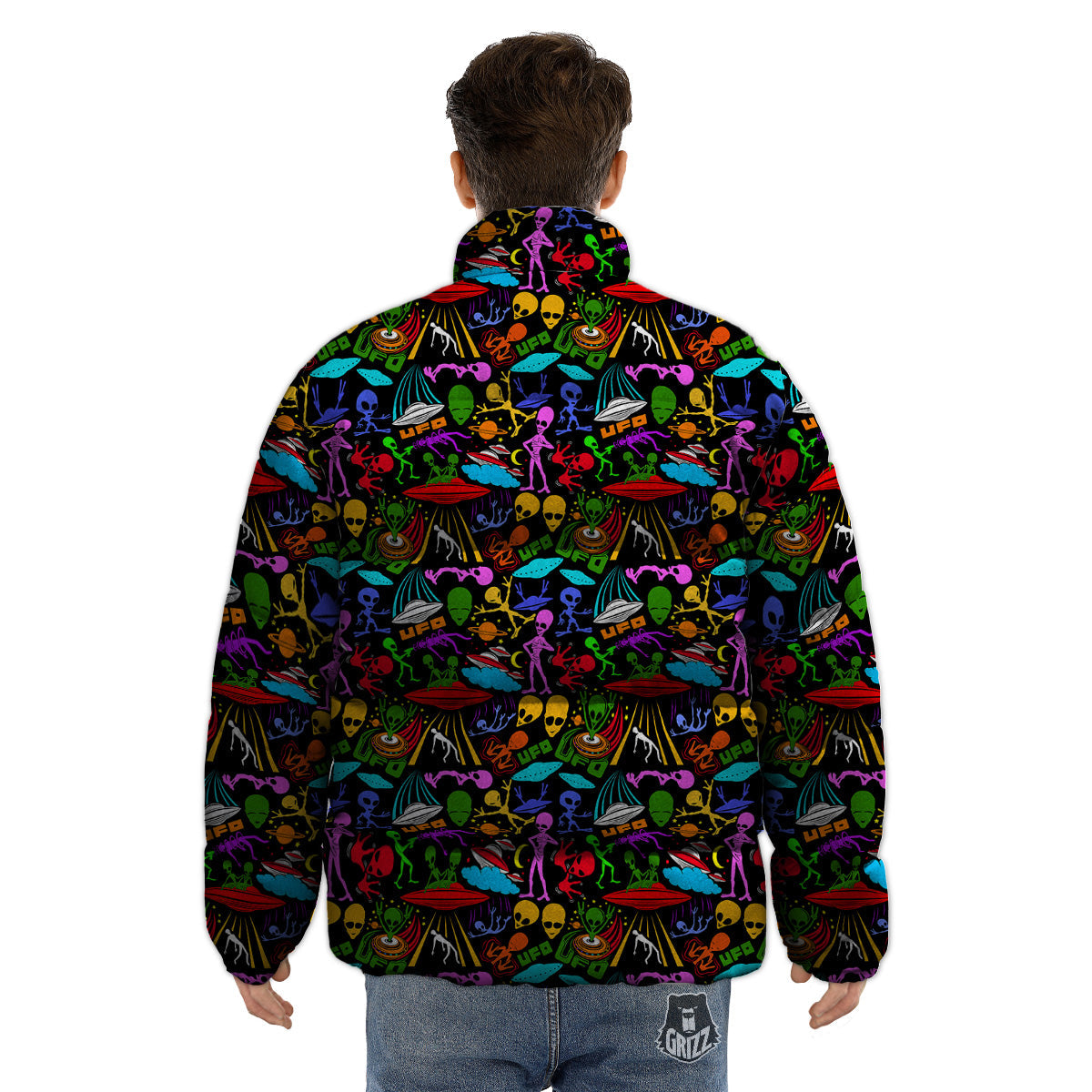 Extraterrestrial Aliens Colorful Print Pattern Puffer Jacket-grizzshop
