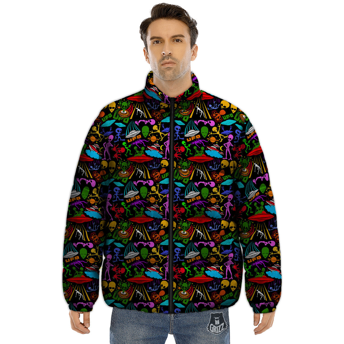 Extraterrestrial Aliens Colorful Print Pattern Puffer Jacket-grizzshop