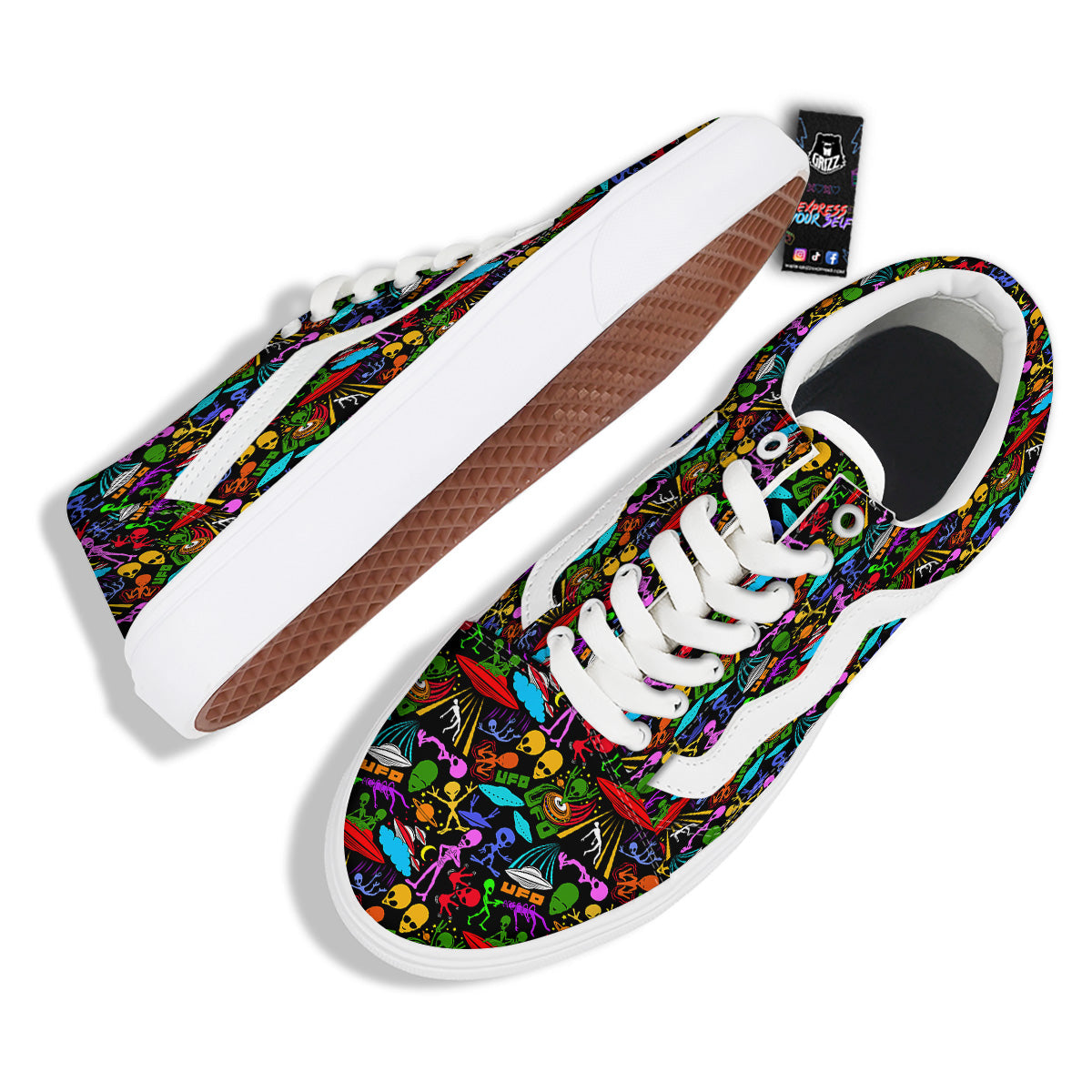 Extraterrestrial Aliens Colorful Print Pattern Skate Shoes-grizzshop