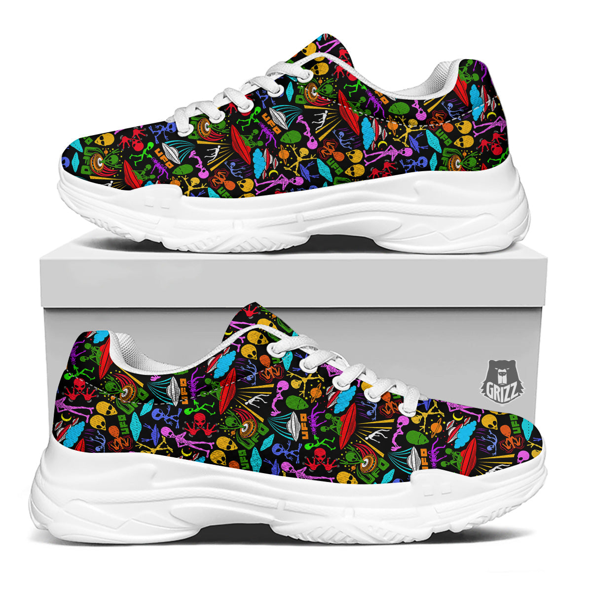 Extraterrestrial Aliens Colorful Print Pattern White Chunky Shoes-grizzshop