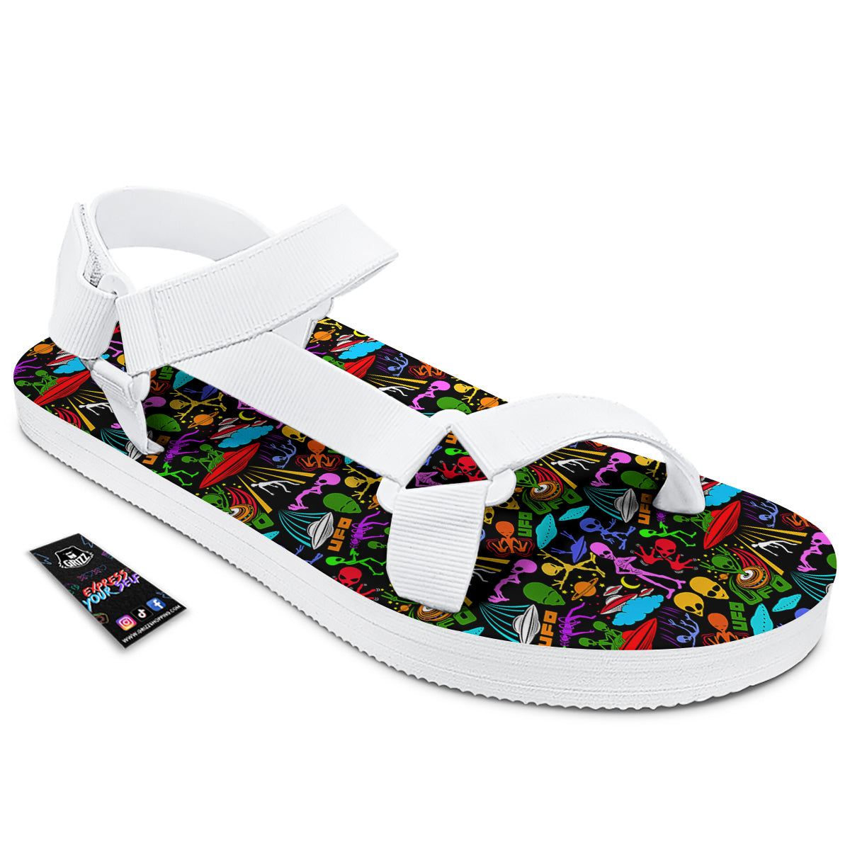 Extraterrestrial Aliens Colorful Print Pattern White Open Toe Sandals-grizzshop