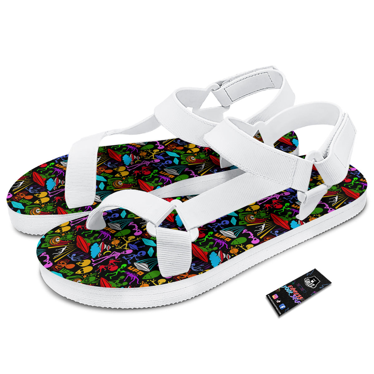 Extraterrestrial Aliens Colorful Print Pattern White Open Toe Sandals-grizzshop