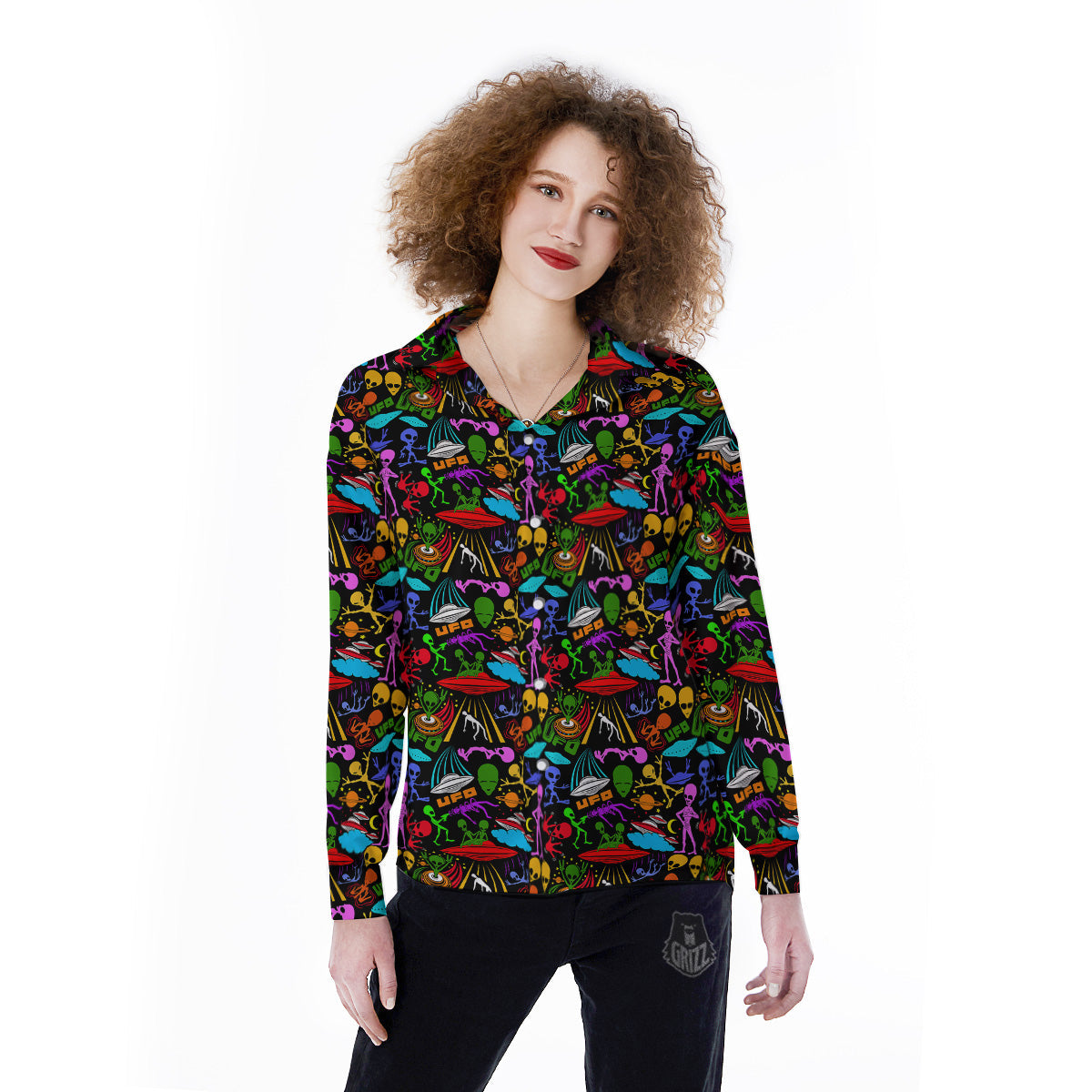 Extraterrestrial Aliens Colorful Print Pattern Women's Long Sleeve Shirts-grizzshop