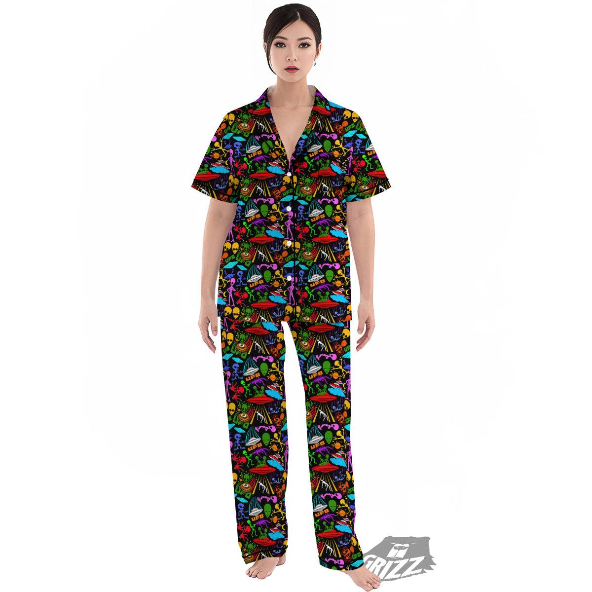 Extraterrestrial Aliens Colorful Print Pattern Women's Pajamas Set-grizzshop