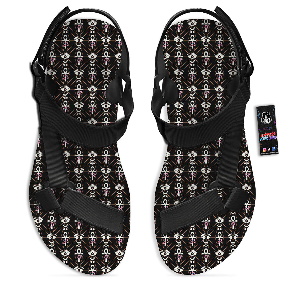 Eye Of Horus Egyptian Print Pattern Black Open Toe Sandals-grizzshop