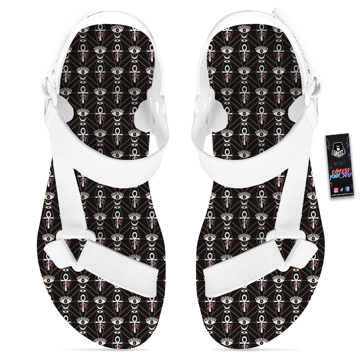 Eye Of Horus Egyptian Print Pattern White Open Toe Sandals-grizzshop
