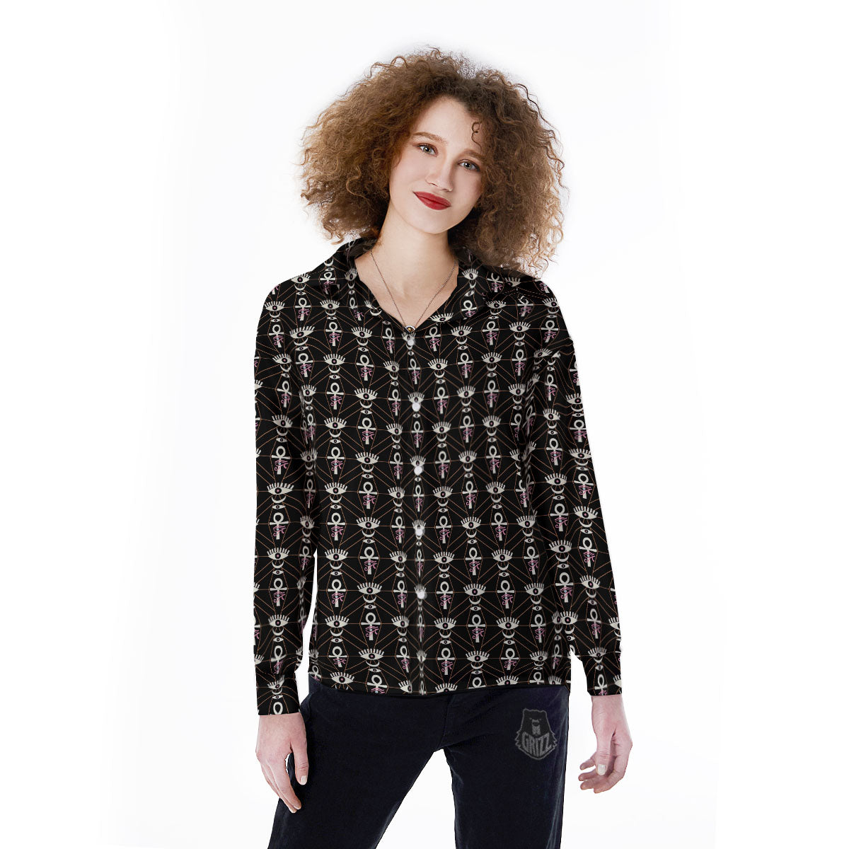 Eye Of Horus Egyptian Print Pattern Women's Long Sleeve Shirts-grizzshop