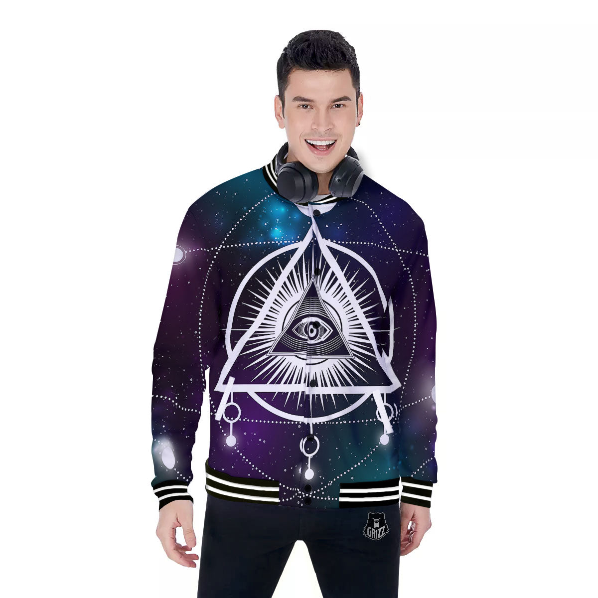Eye Of Providence Galaxy Print Baseball Jacket-grizzshop
