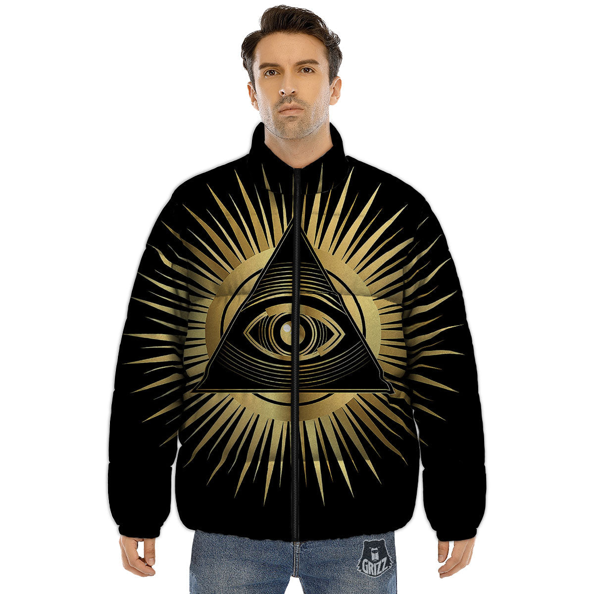 Eye Of Providence Symbol Illuminati Print Puffer Jacket-grizzshop