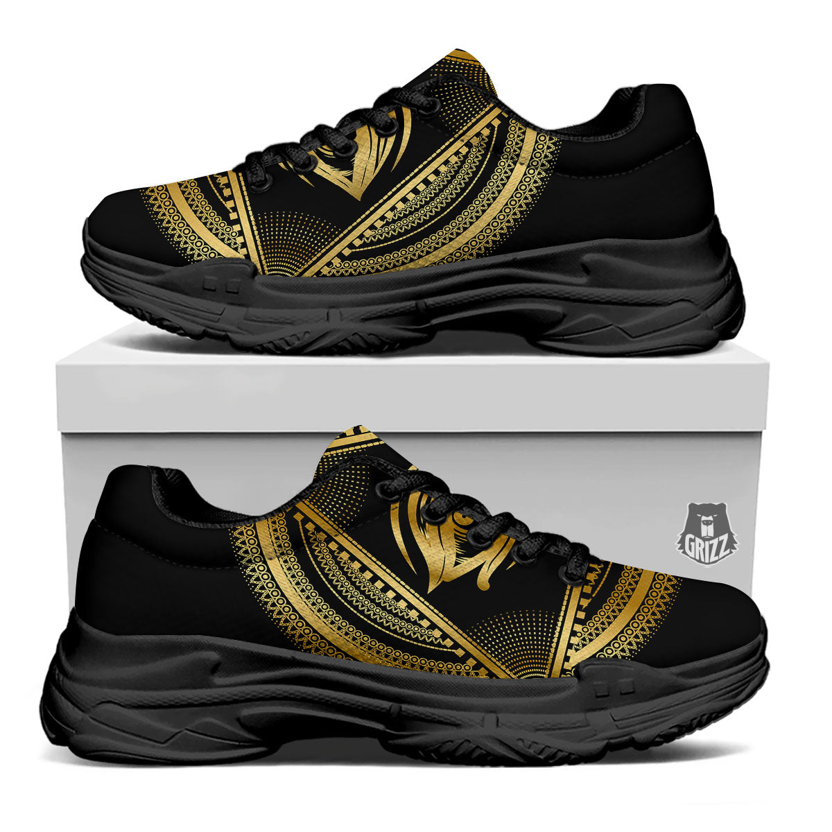 Eye of Providence Gold And Black Print Black Chunky Shoes-grizzshop
