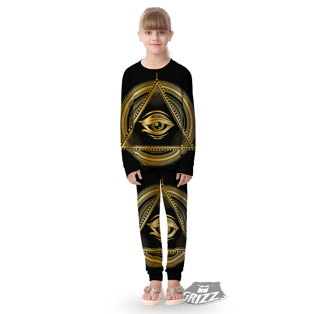 Eye of Providence Gold And Black Print Kid's Pajamas-grizzshop