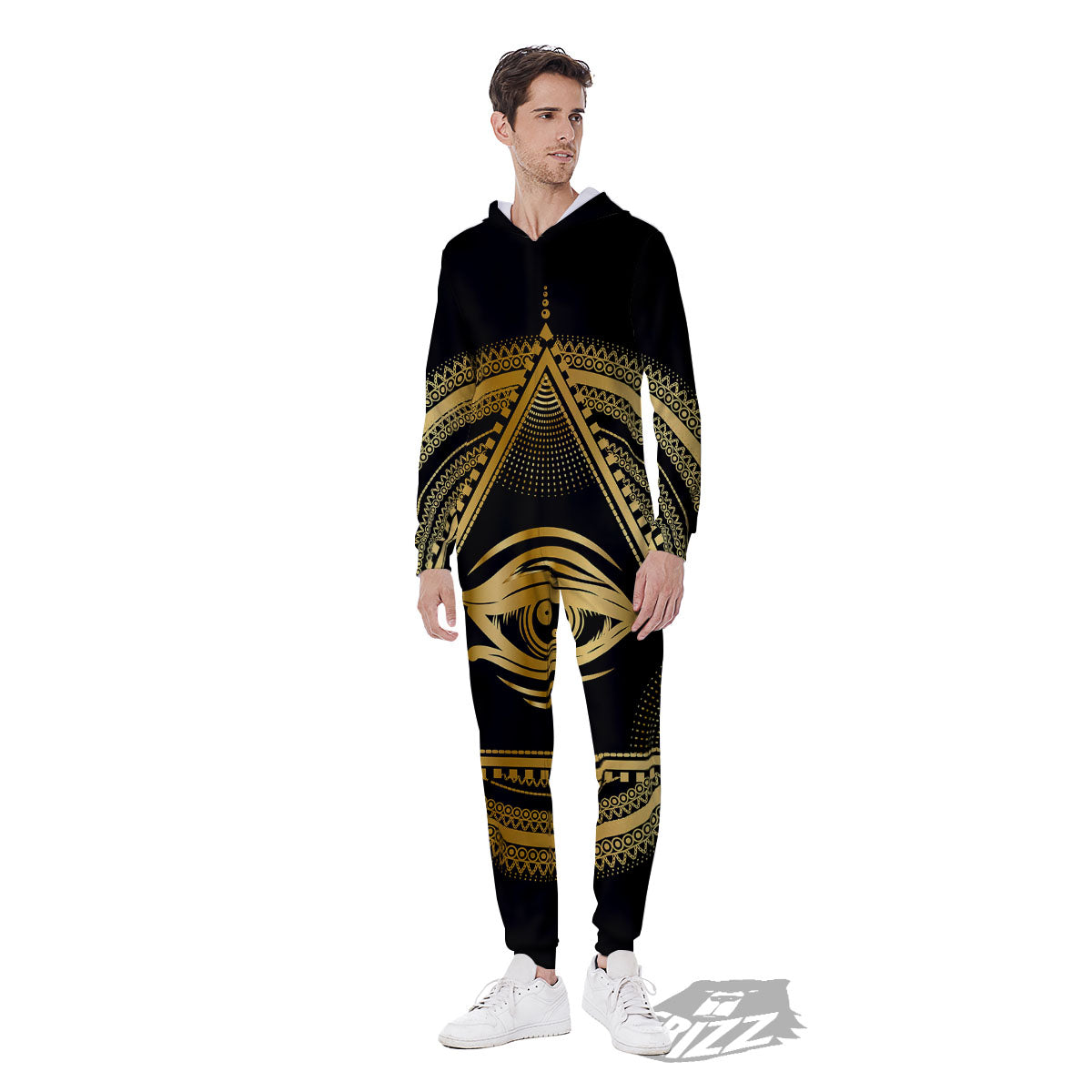 Eye of Providence Gold And Black Print Men's Jumpsuit-grizzshop
