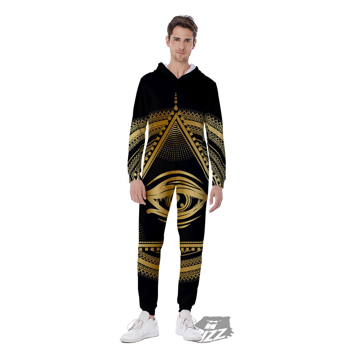 Eye of Providence Gold And Black Print Men's Jumpsuit-grizzshop