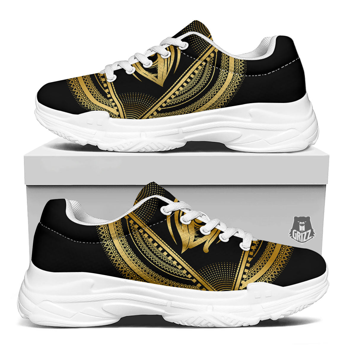 Eye of Providence Gold And Black Print White Chunky Shoes-grizzshop