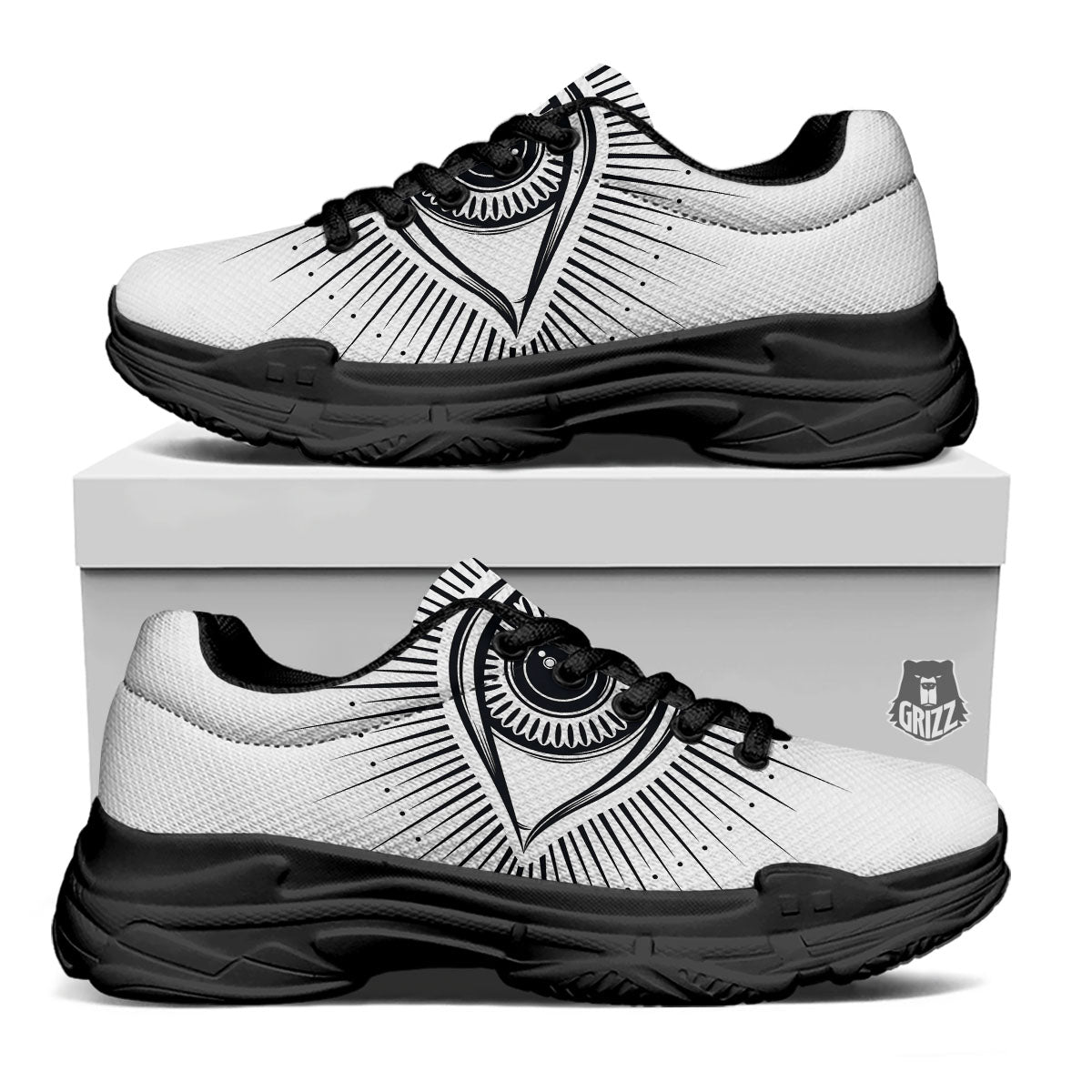 Eye of Providence White And Black Print Black Chunky Shoes-grizzshop