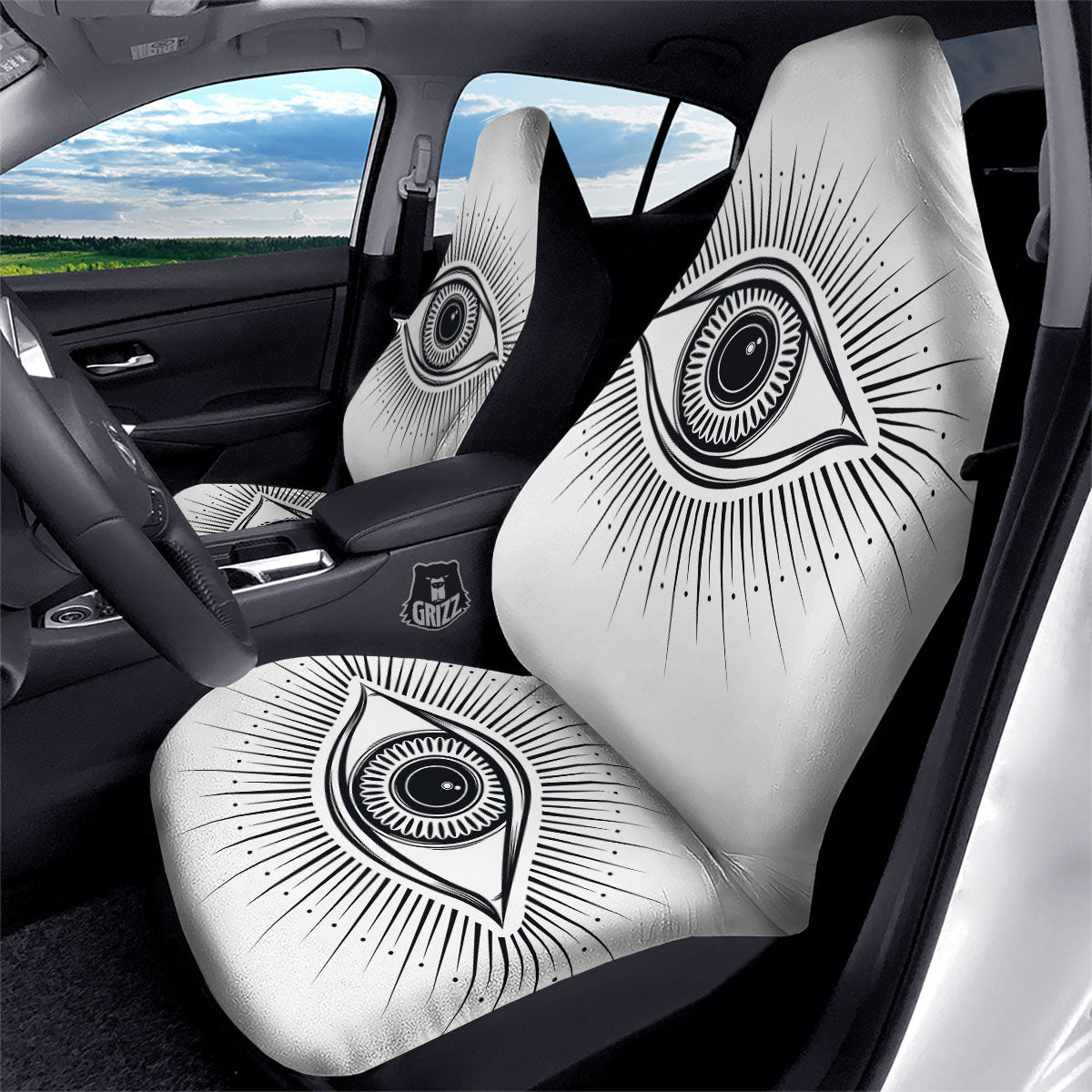 Eye of Providence White And Black Print Car Seat Covers-grizzshop