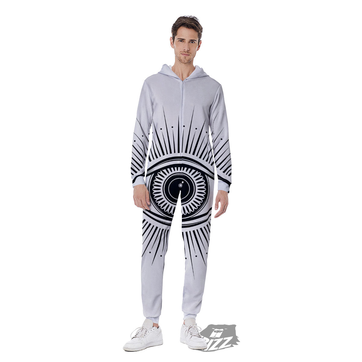 Eye of Providence White And Black Print Men's Jumpsuit-grizzshop