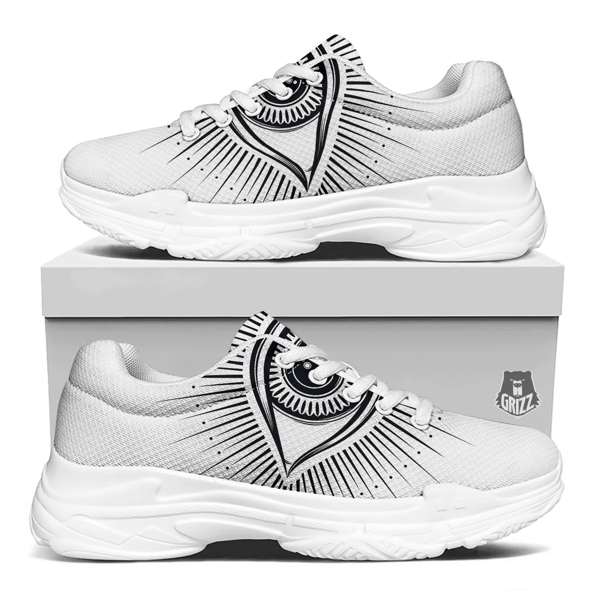 Eye of Providence White And Black Print White Chunky Shoes-grizzshop