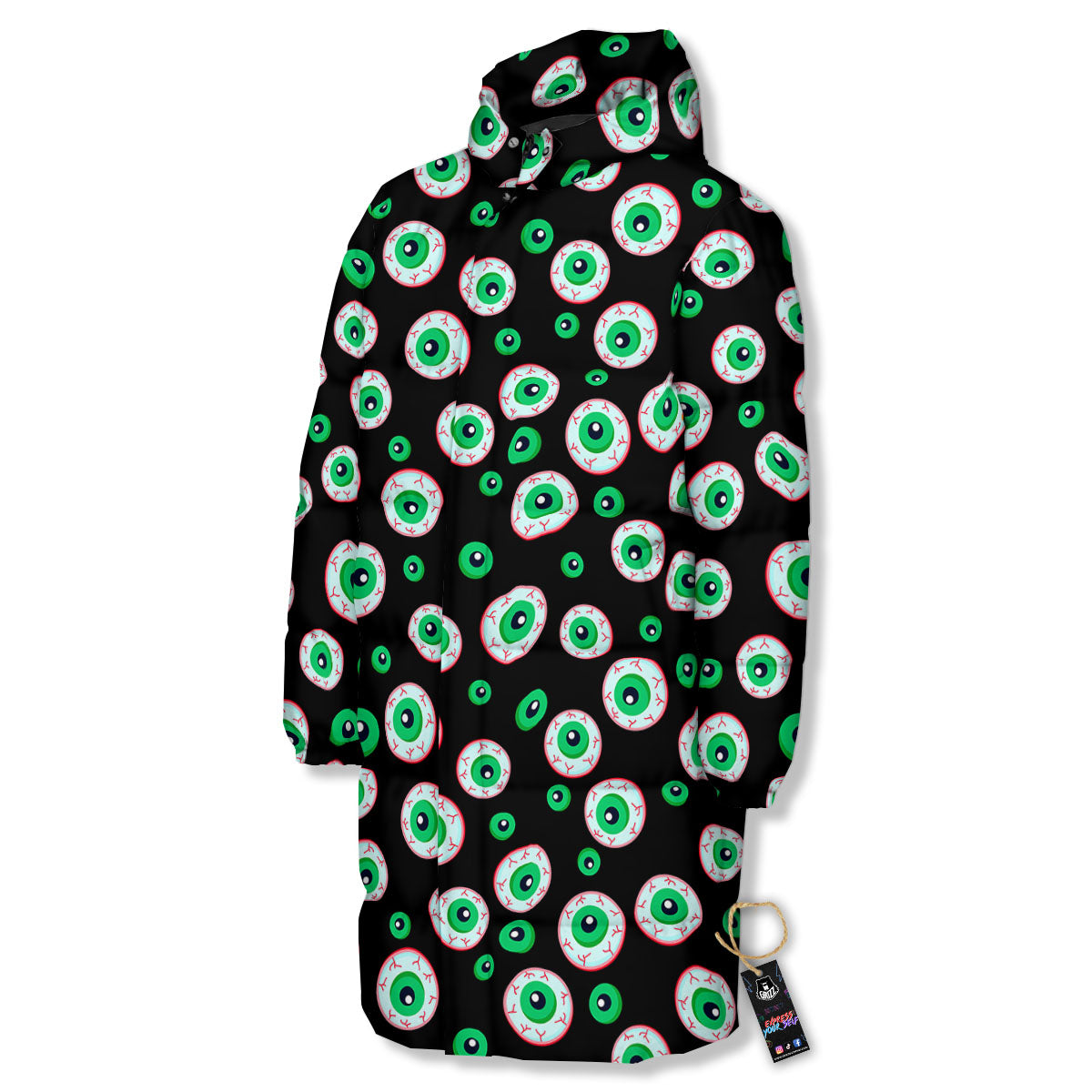 Eyeball Creepy Print Pattern Long Down Jacket-grizzshop