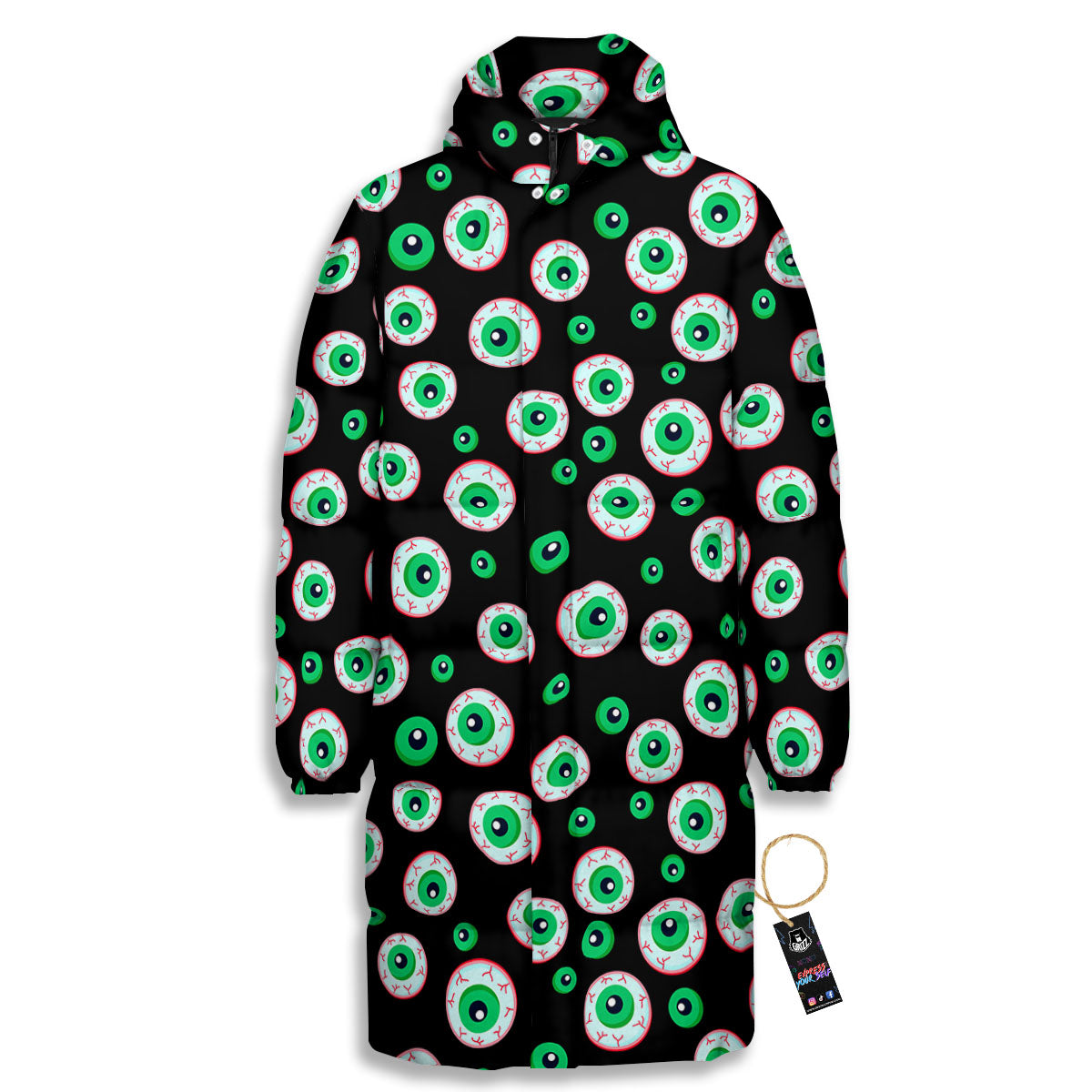 Eyeball Creepy Print Pattern Long Down Jacket-grizzshop