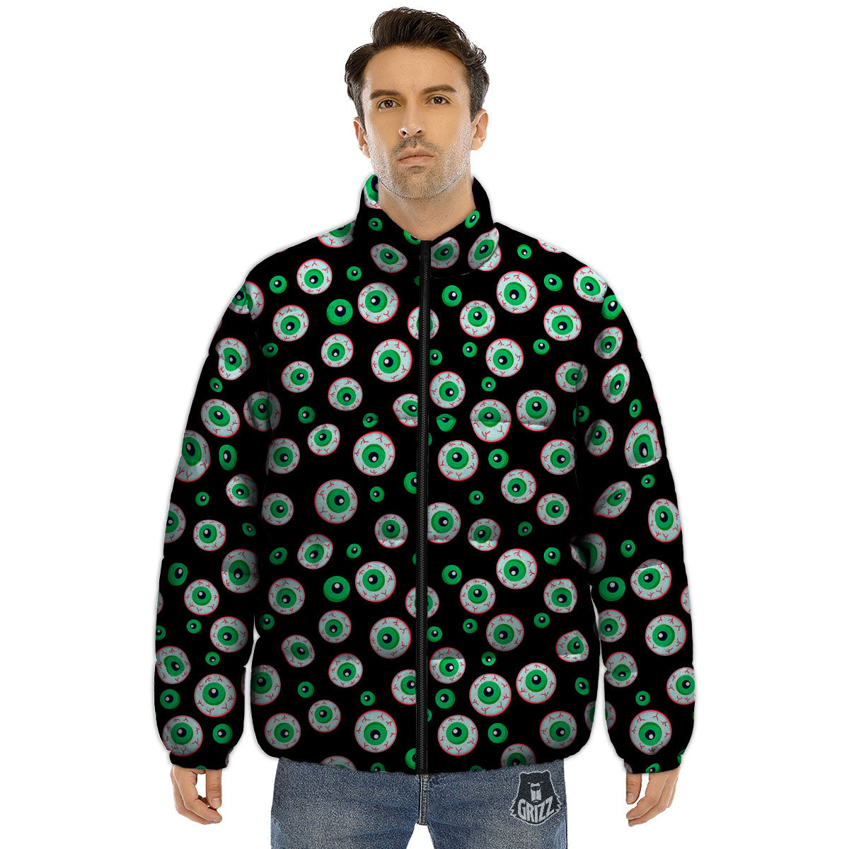 Eyeball Creepy Print Pattern Puffer Jacket-grizzshop