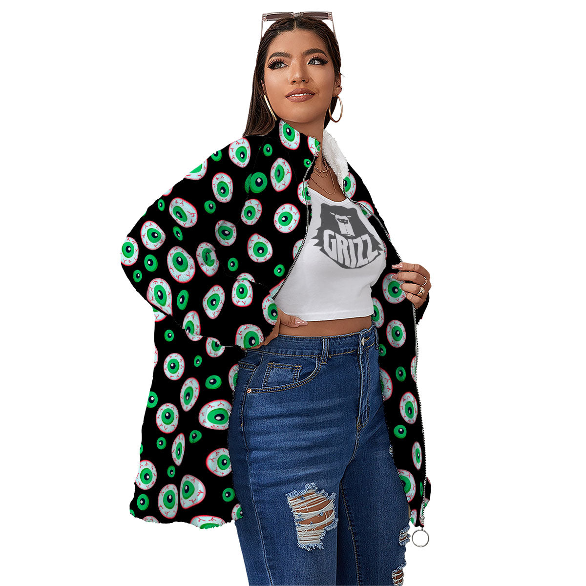 Eyeball Creepy Print Pattern Women's Sherpa Jacket-grizzshop