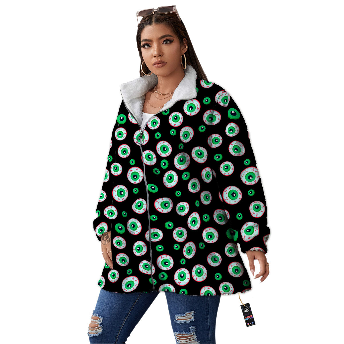 Eyeball Creepy Print Pattern Women's Sherpa Jacket-grizzshop