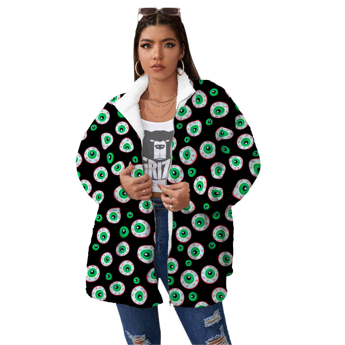 Eyeball Creepy Print Pattern Women's Sherpa Jacket-grizzshop